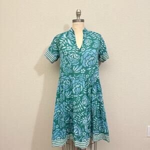 DOLMA Mini Dress Blue Green Floral SS Tiered Cotton Boho Batik Hippie